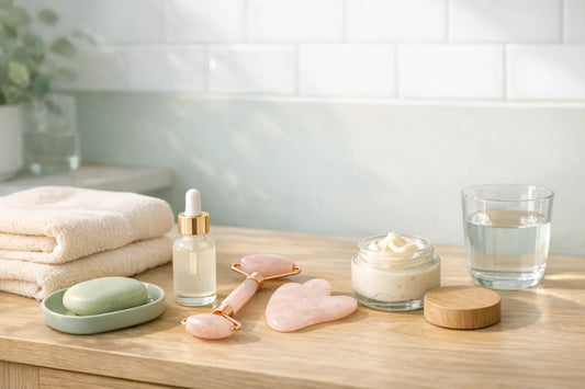 Woman practicing a simple self care routine with natural skincare and body products on a bathroom vanity