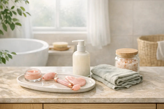 Woman enjoying a simple self care routine with natural products in a calm home bathroom setting