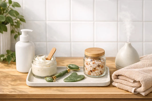 A peaceful at-home spa setting with a simple self care routine setup including natural body and skincare products
