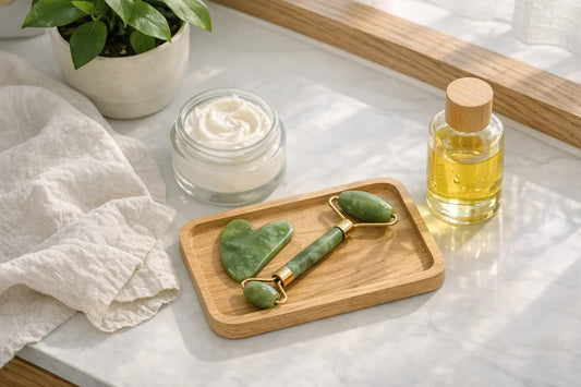 At-home self care routine setup with natural skincare tools and body care products on a calm vanity table