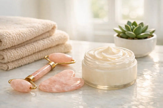 Woman enjoying a relaxing self care routine with natural skincare tools and body lotion on a bright bathroom counter