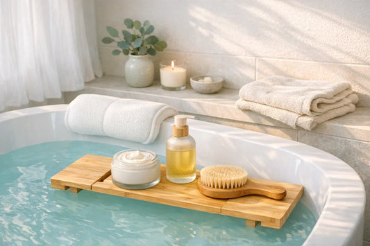 Relaxing bath setting with bath accessories and body care products showing everyday body care routine essentials