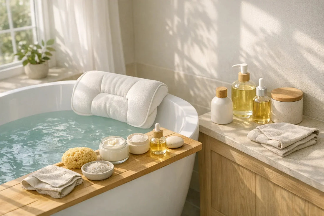 Cozy bathroom scene featuring natural relaxing bath routine essentials with candles and bath pillow