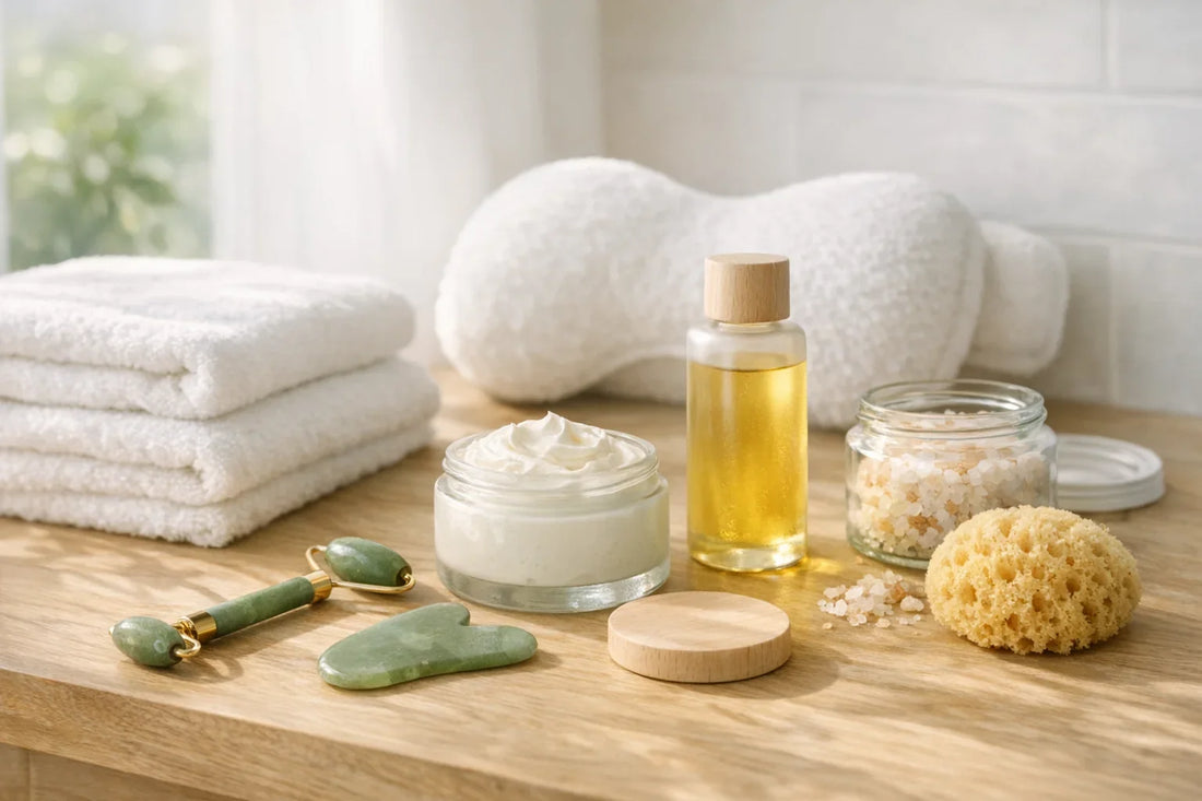Woman enjoying a relaxing simple self care routine with natural beauty products in a calm bathroom setting