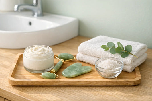 Relaxing bathroom scene with natural skincare tools and body care products perfect for a simple self care routine