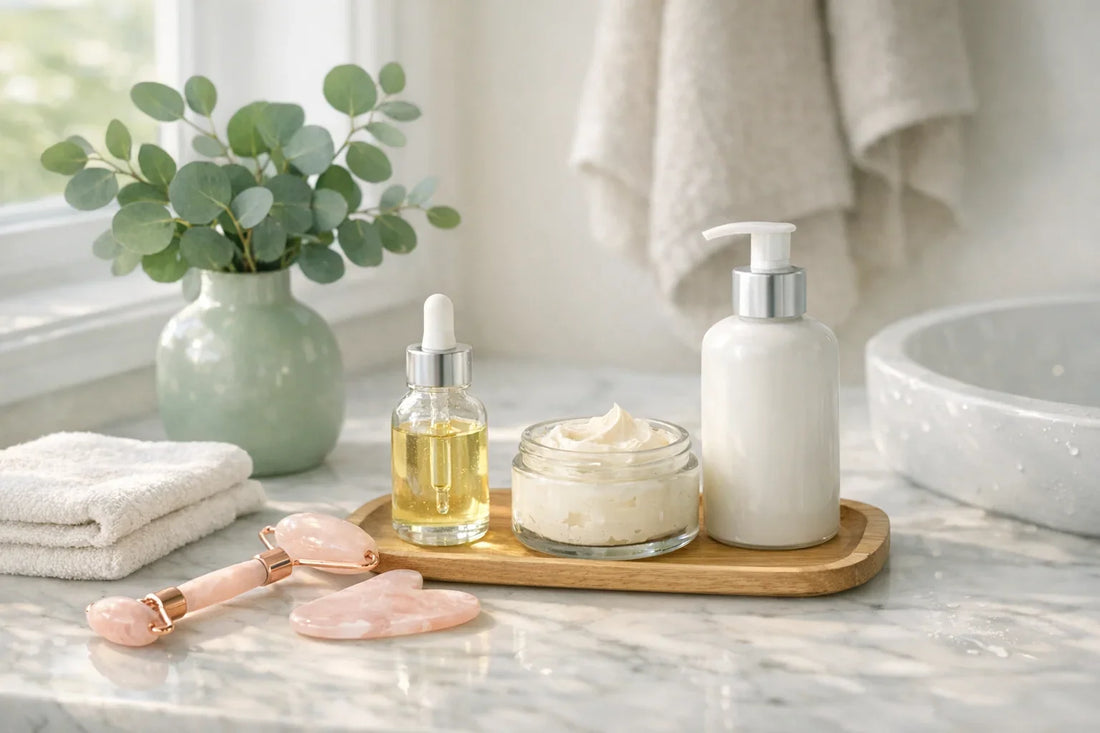 Woman enjoying a relaxing simple self care routine with natural skincare and hair products in a bright bathroom