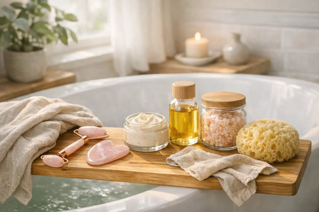 Person enjoying a relaxing daily self care routine with natural beauty and bath products displayed at home