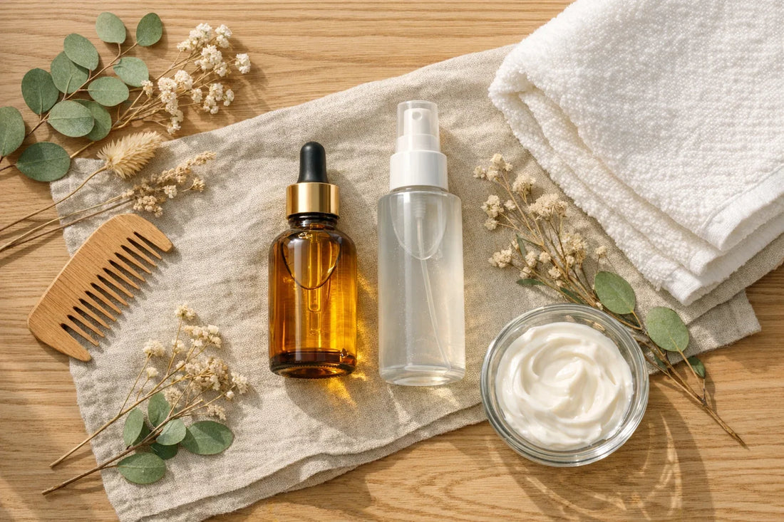 Flat lay scene of dry hair care products including treatment oils and styling spray arranged with natural textures highlighting dry hair care routine