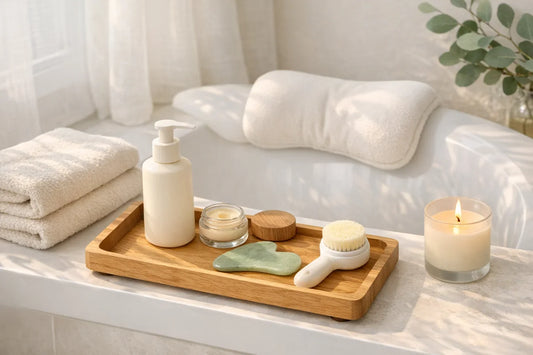 Calm bathroom scene showing natural self care products arranged on a wooden tray near a relaxing bath with pillow highlighting a simple self care routine
