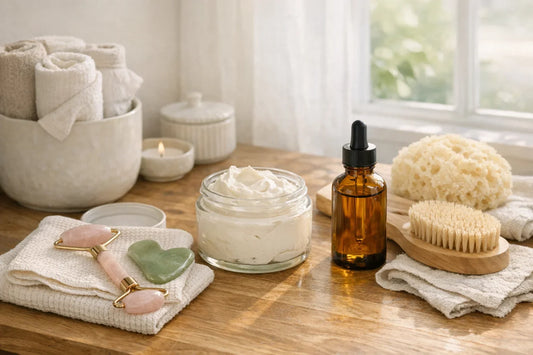 Woman enjoying a simple self care routine with natural skincare tools and body lotion in a cozy bathroom
