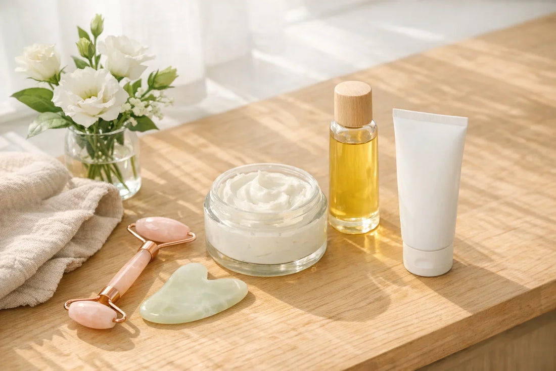 Woman enjoying a simple self care routine with natural skincare and body products on a clean bathroom counter
