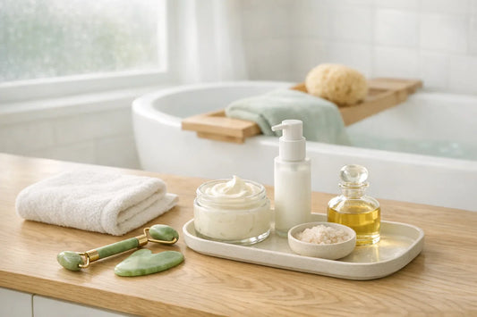 A calm bathroom scene with natural beauty products arranged for a simple self care routine for glowing skin