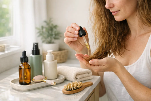 Woman enjoying a hydrating dry hair care routine with natural hair treatment oil in a bright bathroom