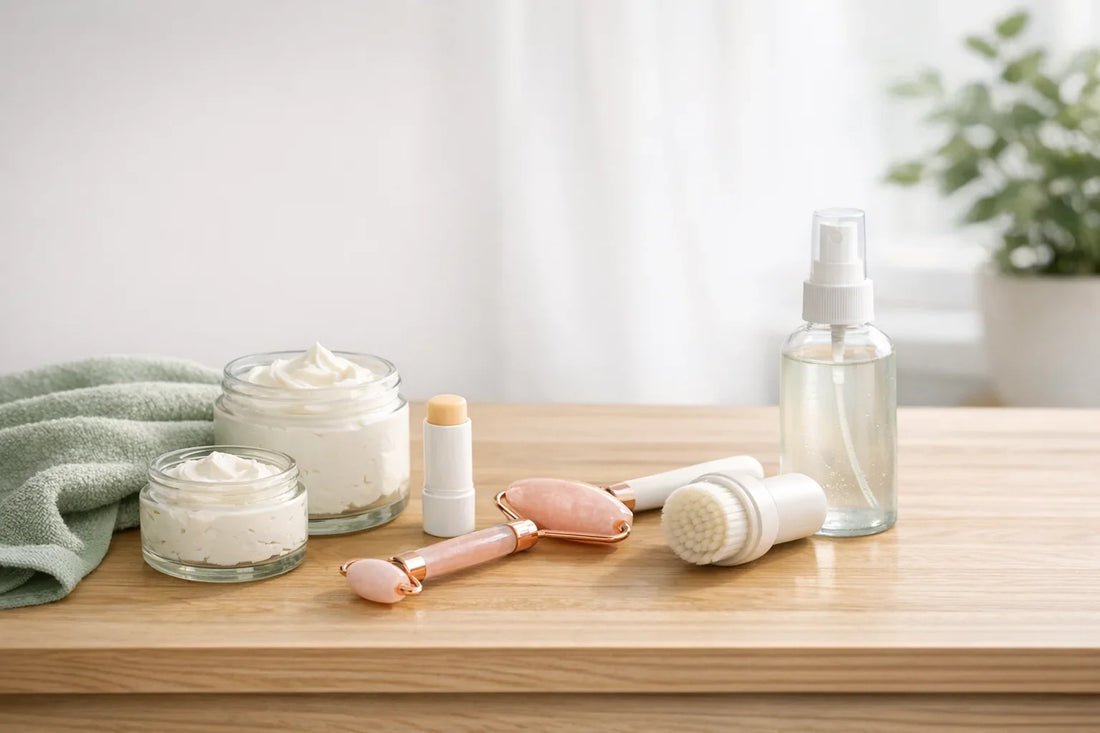 Woman enjoying a simple self care routine at home with natural body care and beauty products on a vanity
