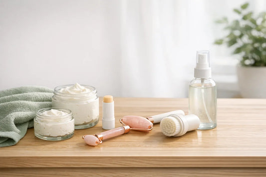 Woman enjoying a simple self care routine at home with natural body care and beauty products on a vanity