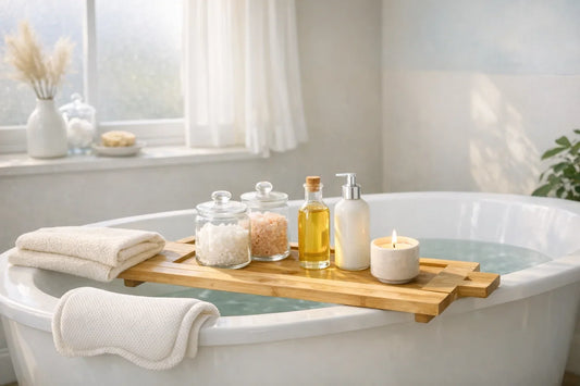 Cozy bathroom scene showing a calming relaxing bath routine set with pillows, bath products, and soft lighting