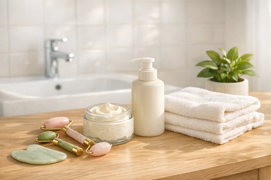 Relaxing home self care routine setup with natural skincare products and body lotion arranged on a clean bathroom counter