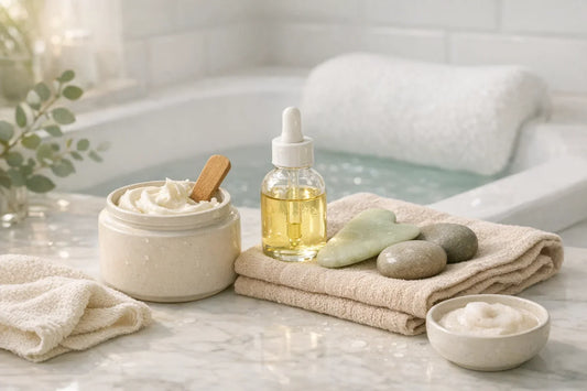 A calm bathroom scene with natural self care products arranged for a simple self care routine