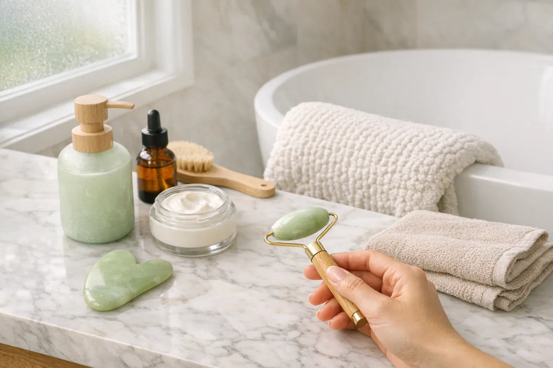 Woman enjoying a relaxing at-home self care routine with natural beauty and bath products on a clean countertop
