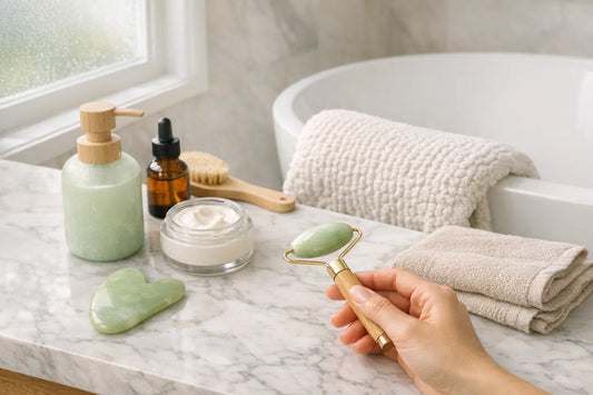 Woman enjoying a relaxing at-home self care routine with natural beauty and bath products on a clean countertop