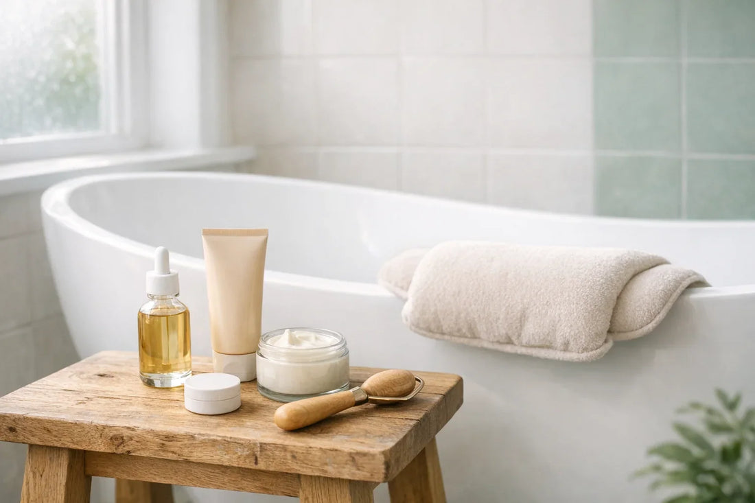 Calm bathroom scene with natural beauty products arranged for a daily self care routine