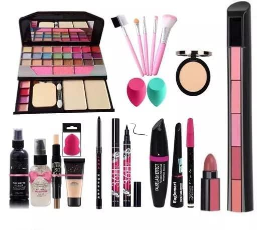 SHISHI TYA 6155 Professional 5 in 1 Makeup Kit with 5 Pink Makeup Brushes, 36H Eyeliner, Kajal, Compact, 5in1 Lipstick, Fixer, Primer, Contour, Foundation, 3 Makeup Puffs - (Pack of 20)