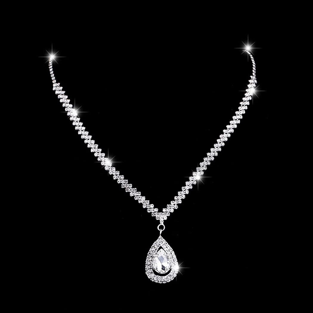 Bride Silver Necklace Earrings Set Rhinestone Wedding Jewelry Set Crystal Choker Necklace for Women