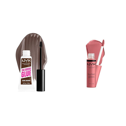 NYX PROFESSIONAL MAKEUP The Brow Glue Extreme Hold Tinted Eyebrow Gel Dark Brown & Butter Gloss Non-Sticky Lip Gloss Tiramisu
