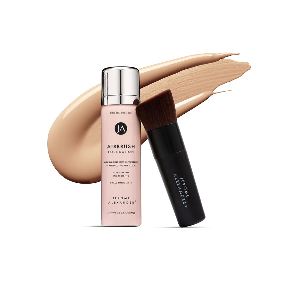 MagicMinerals AirBrush Foundation by Jerome Alexander – 2pc Set with Airbrush Foundation and Kabuki Brush - Spray Makeup with Anti-aging Ingredients for Smooth Radiant Skin - Light