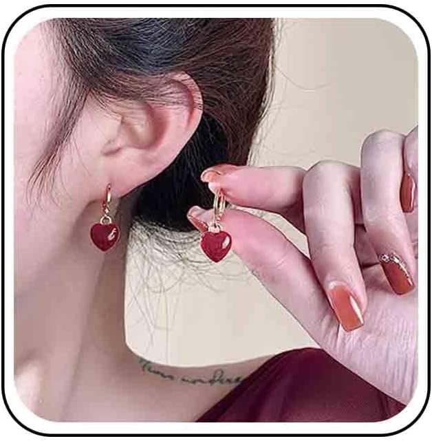 Vintage Heart Dangle earrings Red Coral Earrings Red Heart Love Huggie Earrings Gold Hoop Huggie Earrings Jewelry for Women