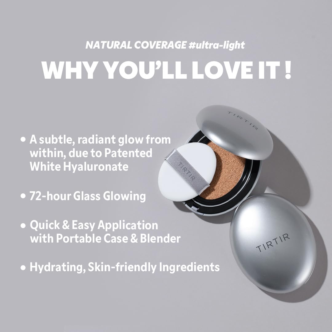 TIRTIR Mask Fit Aura Silver Cushion Foundation | Semi-glow Finish, Natural Coverage, Moisturizing, Lightweight, Korean cushion foundation (#33C Hazel, Full Size, 0.63 Fl Oz)