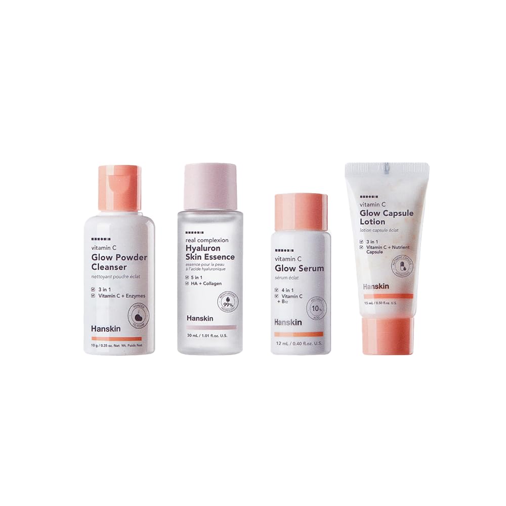 Hanskin Glow Skin On The Go Kit, Set of 4, Essential Travel Skincare Set for Glowing & Nourishing Skin on the Plane, Powder Cleanser Skin Essence and Facial Serum Cleansing Balm