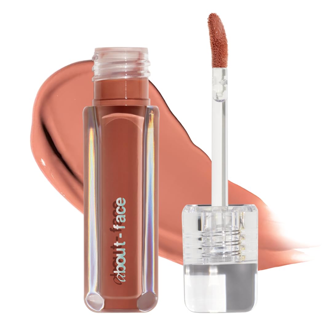 about-face Light Lock Lip Gloss Plastic Petal – Non-Sticky, High-Shine Lip Oil Gloss with Coconut Oil, Peppermint & Lavender – Vegan, Cruelty-Free, Clean Beauty – 0.21 oz (Peachy Beige)