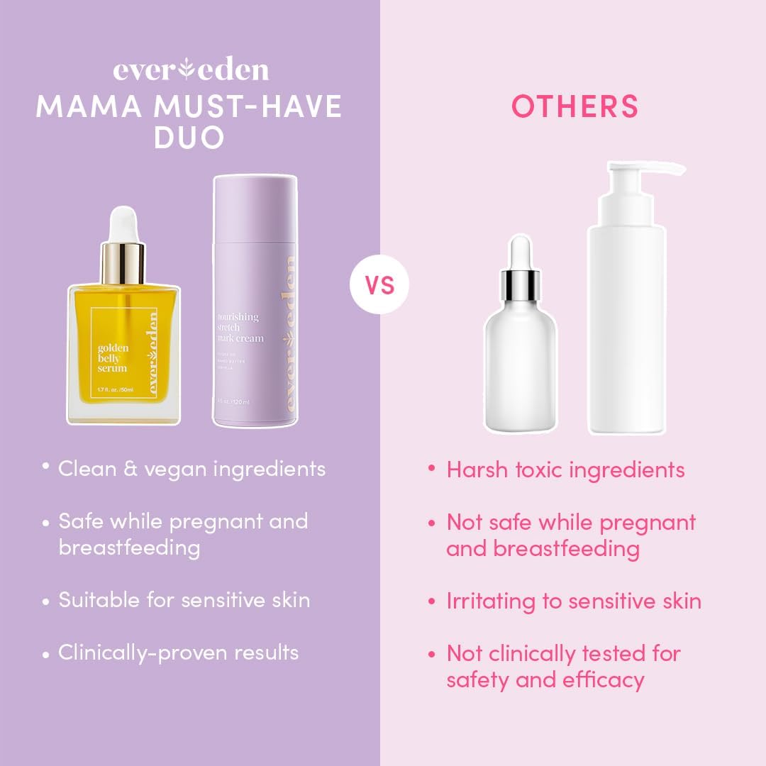 Evereden Nourishing Stretch Mark Cream, 4.0 fl oz. & Golden Belly Serum, 1.7 fl oz. & Soothing Belly Mask for Stretch Marks - 2nd/3rd Trimester Size, 4 pack | 3 Item Bundle Set | Pregnancy Skincare
