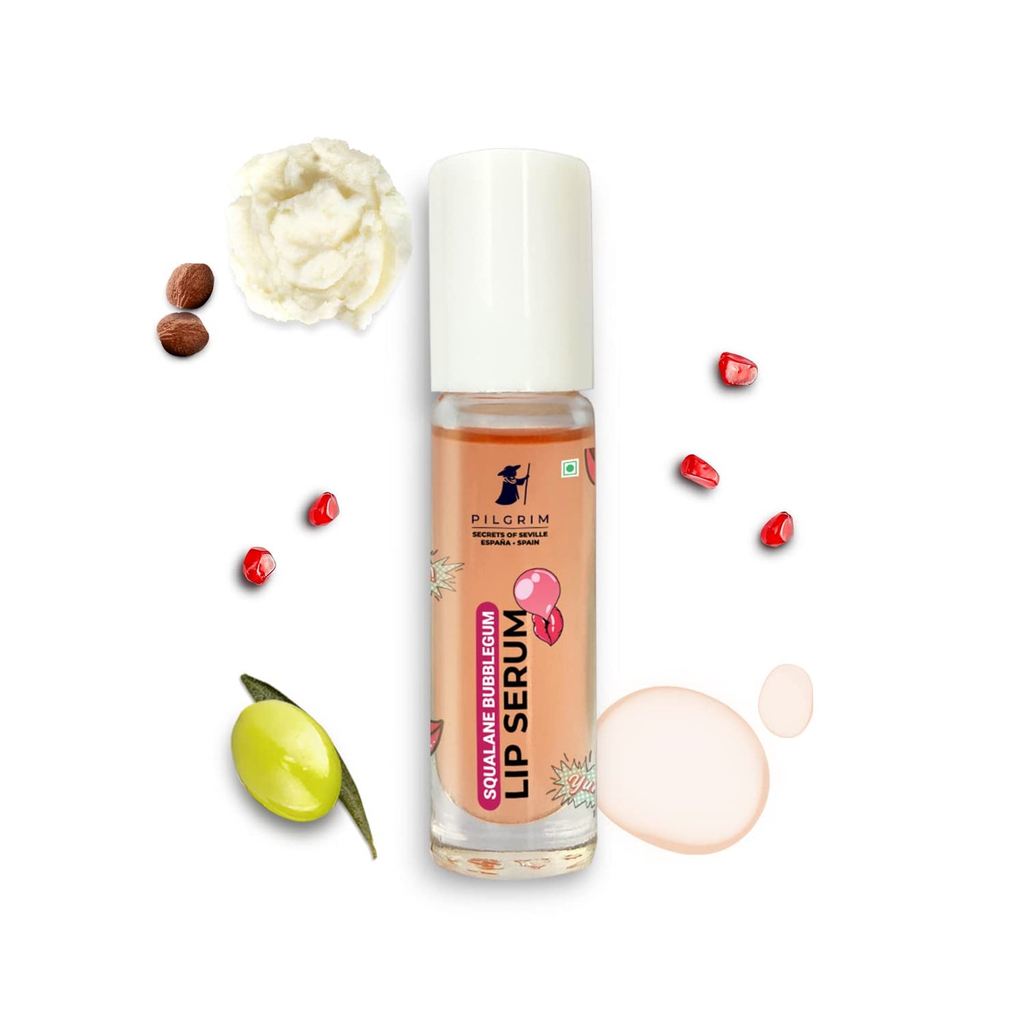 Pilgrim Squalane Bubblegum Lip Serum | Enriched with Shea Butter & Pomegranate Extract | Hydrating Lip Plumper Serum | Repairs Cracked Lips | Reveals Soft & Glossy Lips | 0.20 Fl Oz/6ml