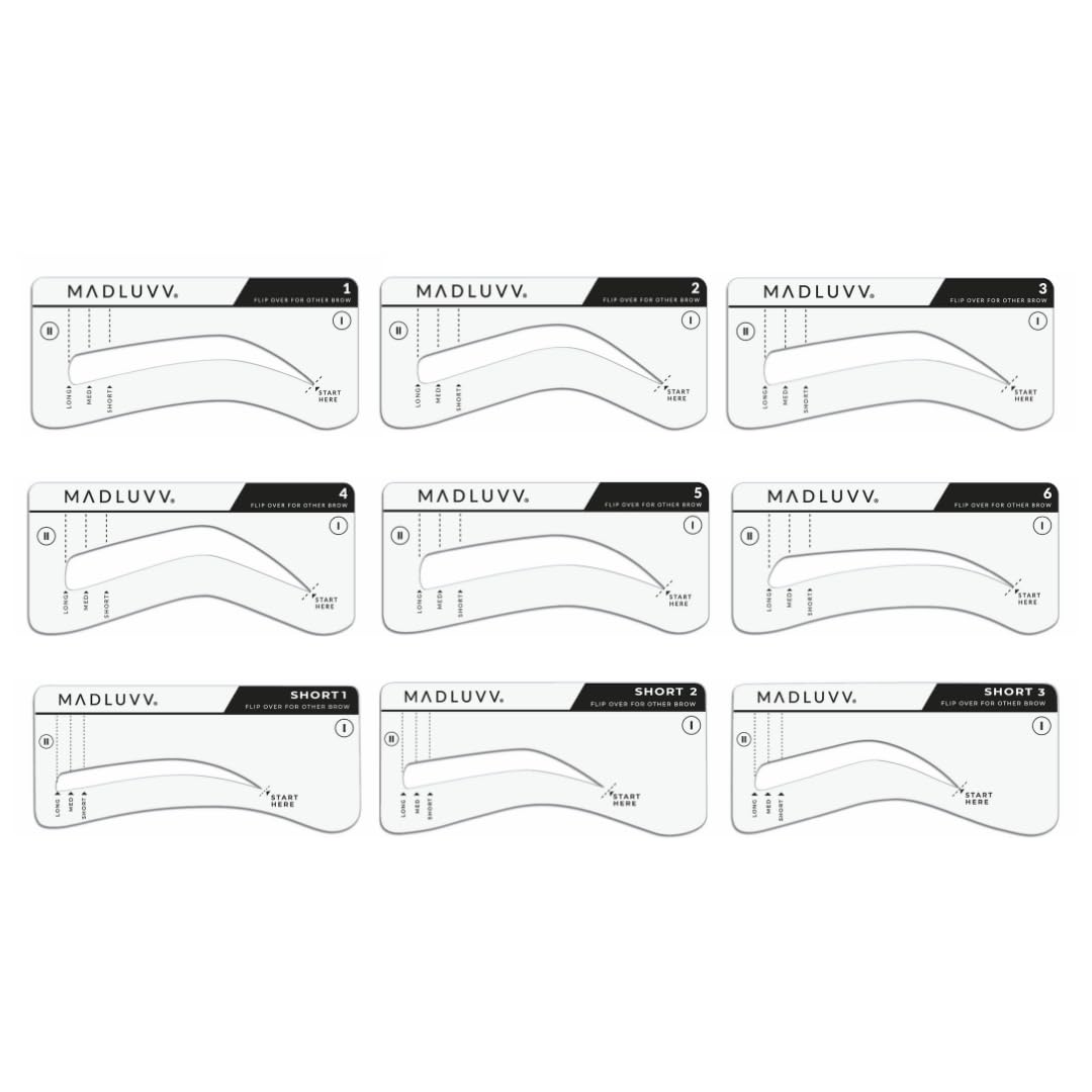 MADLUVV Brow Stamp Kit with Brow Stencils – Easy Eyebrow Shaper for Natural-Looking Brows – Popular Eyebrow Stencil Kit Used by Professionals – 9 Shapes, Spoolie, Travel Bag & Stamp (Brunette)