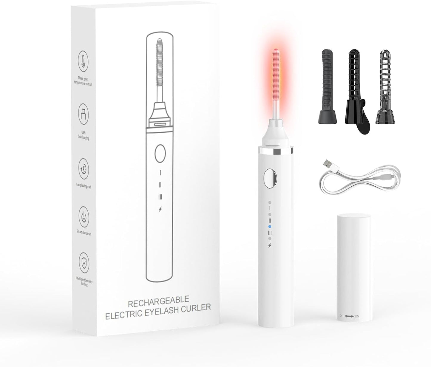 Smiling Shark Heated Eyelash Curler, 2025 New 360°Wand-Style Heated Lash Brush Rechargeable with 3 Brush Heads & 3 Temp 【Lengthen/Define/Curler】 3-in-1 Lash Curler for All Types of Lashes, White