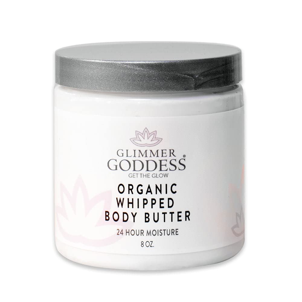 Glimmer Goddess Organic Whipped Body Butter for Women - Moisturizer Cream with Shea & Cocoa Butter, Almonds & Coconut Oil - Vanilla Bean, 8oz