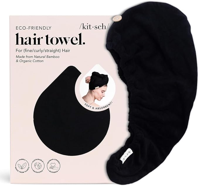 Kitsch Microfiber Hair Towel Wrap for Women – Ultra Absorbent Microfiber Bath Towels for Wet, Curly, Long or Short Hair – Anti-Frizz Hair Wrap, Great Hair Care Gifts for Women – Black