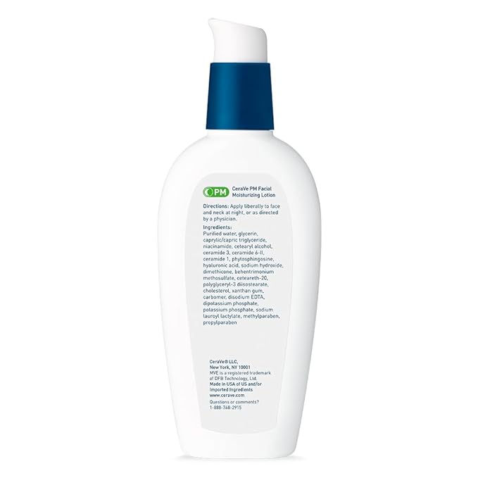 CeraVe PM Facial Moisturizing Lotion, Night Cream with Hyaluronic Acid and Niacinamide, Ultra-Lightweight, Oil-Free Moisturizer for Face, 3 Ounce