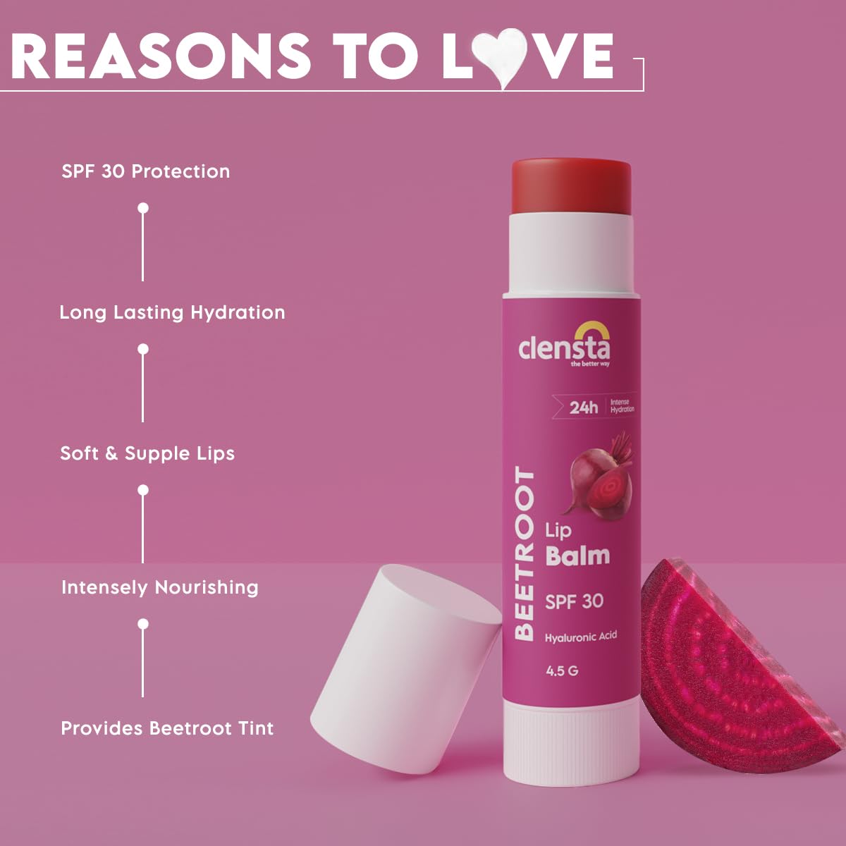 Clensta Beetroot SPF 30 Tinted Lip Balm | Hydrating & Moisturizing Lip Care with Hyaluronic Acid | Broad Spectrum Lip Sunscreen | 4.5g