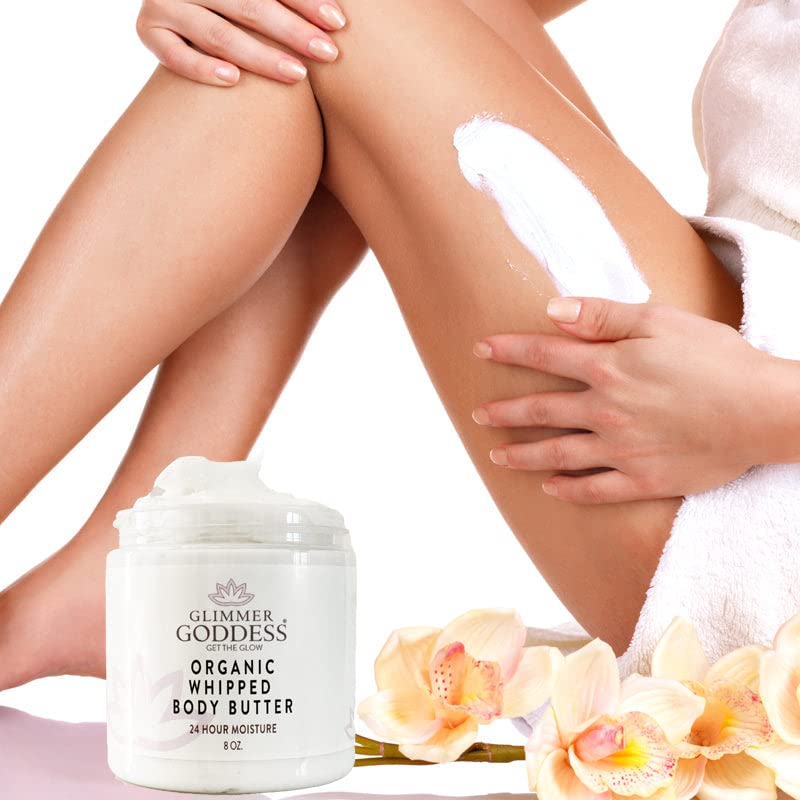 Glimmer Goddess Organic Whipped Body Butter for Women - Moisturizer Cream with Shea & Cocoa Butter, Almonds & Coconut Oil - Orange Creamsicle, 8oz