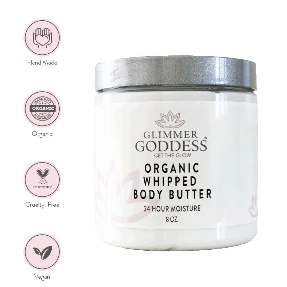 Glimmer Goddess Organic Whipped Body Butter for Women - Moisturizer Cream with Shea & Cocoa Butter, Almonds & Coconut Oil - Lemon Verbena, 8oz