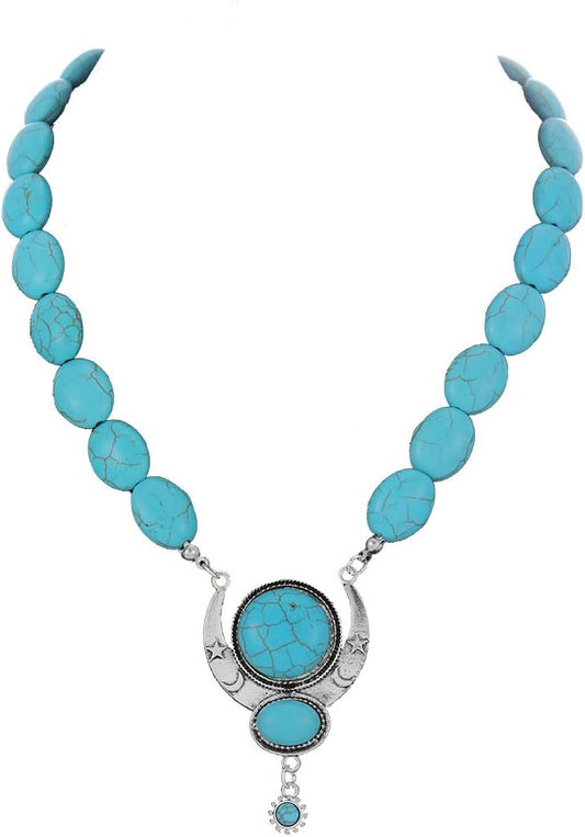 Y2K Necklace Puffy Turquoise Beaded Necklaces Pendant Boho Necklace Leather Choker Wrap Necklaces Jewelry for Women