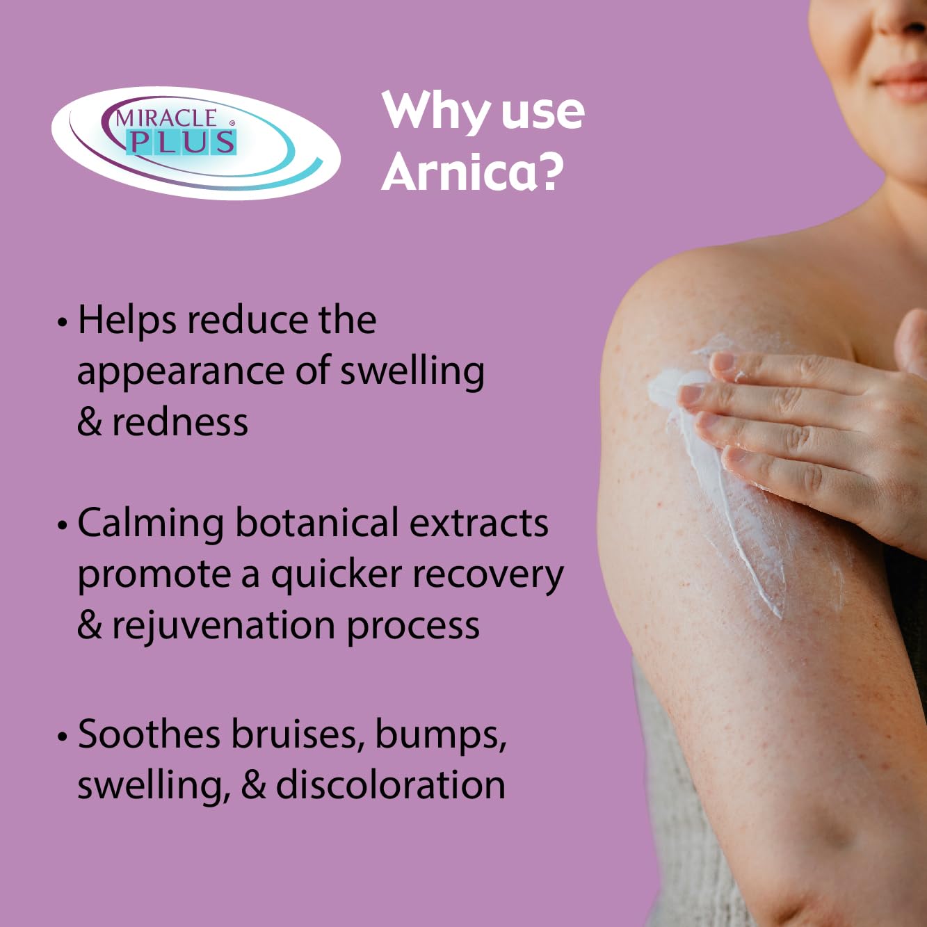 Miracle Plus Arnica Cream Bruise Relief Lotion For Bruising And Swelling On Skin | Bruise Cream Extra Strength Vitamin K Cream | Moisturizing Bruise Formula Skin Care Gel W/ Horse Chestnut, 4 Ounce