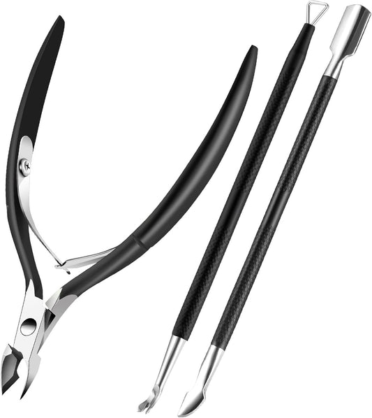 Cuticle Trimmer Cuticle Remover with Cuticle Pusher, XUNXMAS Professional Stainless Steel Durable Pedicure Manicure Tools Cutter Nipper Scissor Clipper for Fingernails and Toenails Dead Skin Black
