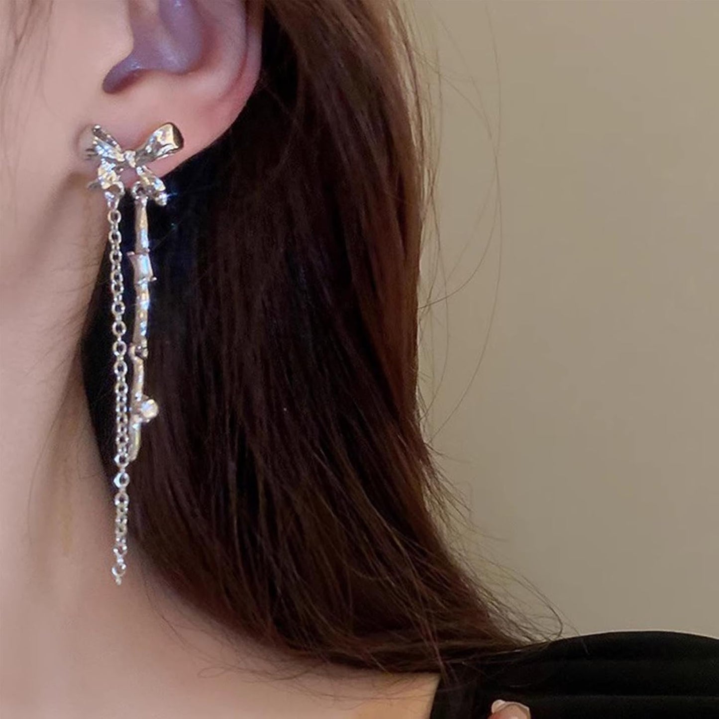 Vintage Bow Crystal Drop Earrings Silver Bar Dangle Earrings Long Crystal Bow Chain Earrings Cz Tassel Chain Earrings Jewelry for Women