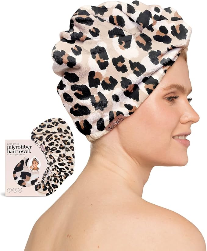 Kitsch Microfiber Hair Towel Wrap for Women – Ultra Absorbent Microfiber Bath Towels for Wet, Curly, Long or Short Hair – Anti-Frizz Hair Wrap, Great Hair Care Gifts for Women – Leopard