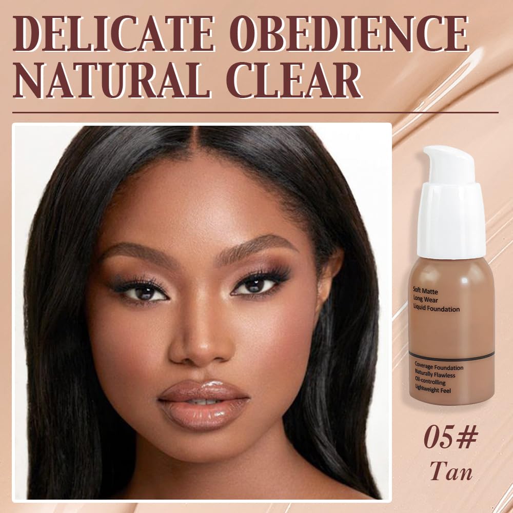 Matte Liquid Full Coverage Foundation, Flawless Soft Matte 24HR Oil Control Full Coverage Foundation Makeup for Women, Long-Lasting Waterproof Full Coverage, 05#Tan(05, Pack of 1)