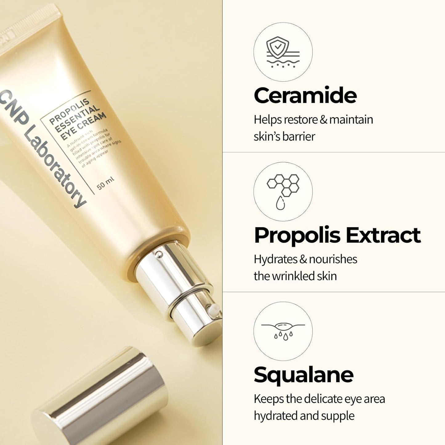 CNP Propolis Eye Cream (1.7 fl.oz / 50ml) - Nourishing Eye Cream with Propolis Extract, Ceramide, Lightweight Cream Texture, Firming Wrinkles, Korean Skin Care